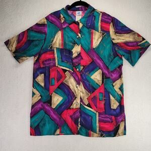 Vintage Ship 'n' Shore Top Womens Medium Abstract 80s 90s Blouse Button Up USA